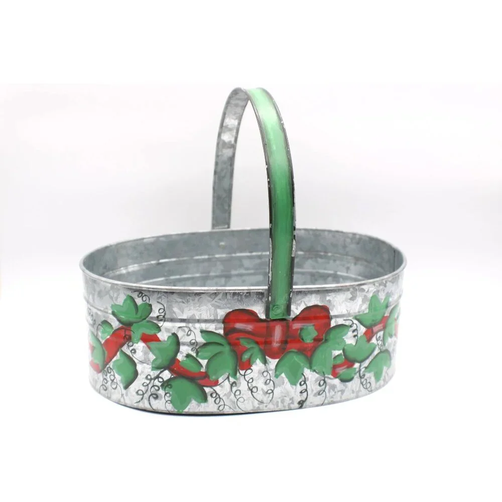 Hand-Painted Galvanized Tin Basket Handle Red Green Floral Design Decor Vintage